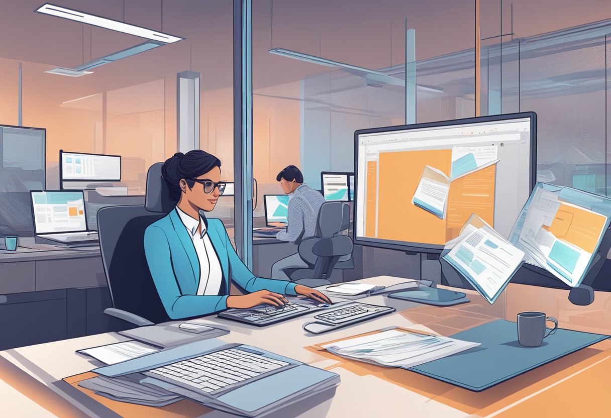 A manager sits at a desk, surrounded by paperwork and a computer. A futuristic AI assistant hovers nearby, helping to fill the gaps left by the absence of an HR team