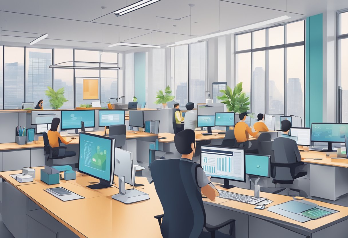 An office setting with AI technology seamlessly integrating into the workflow, assisting employees with HR tasks in a small or midsize organization