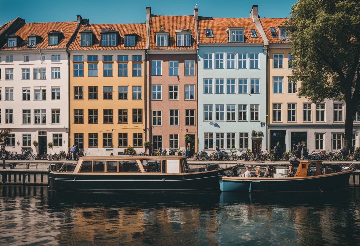 阳光明媚的一天，哥本哈根运河两岸的建筑色彩斑斓，人们在街道上骑自行车，小船漂浮在水面上。
