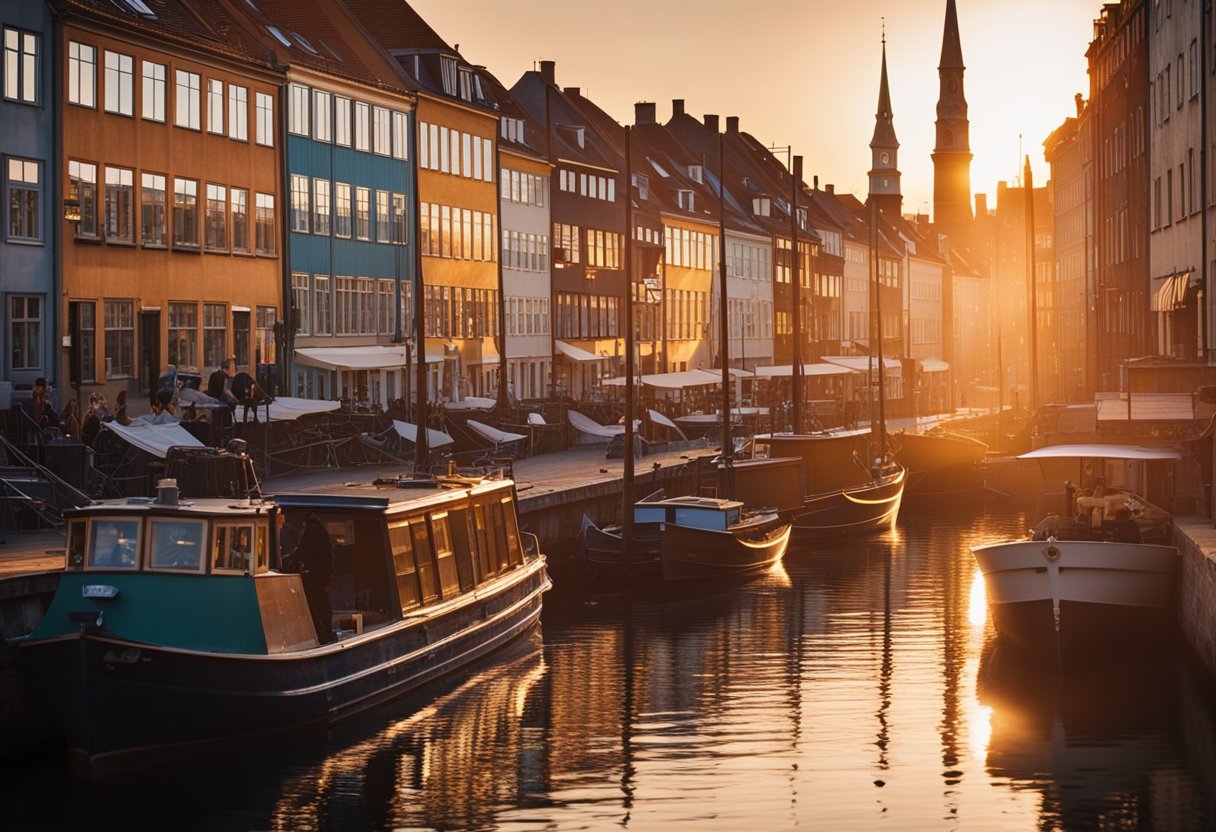 夕阳西下，哥本哈根的建筑色彩斑斓，游船在运河中穿梭，营造出一幅宁静如画的景象