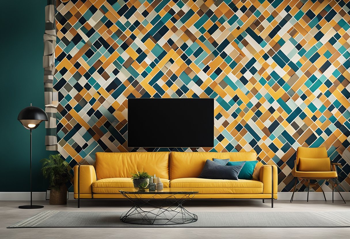 A vibrant accent wall with bold geometric wallpaper adds a modern touch to the room