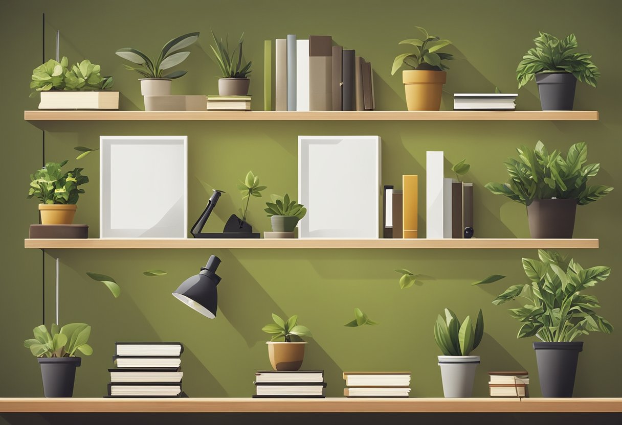 A carpenter constructs floating shelves, tools and materials scattered around, with a finished shelf holding books and plants