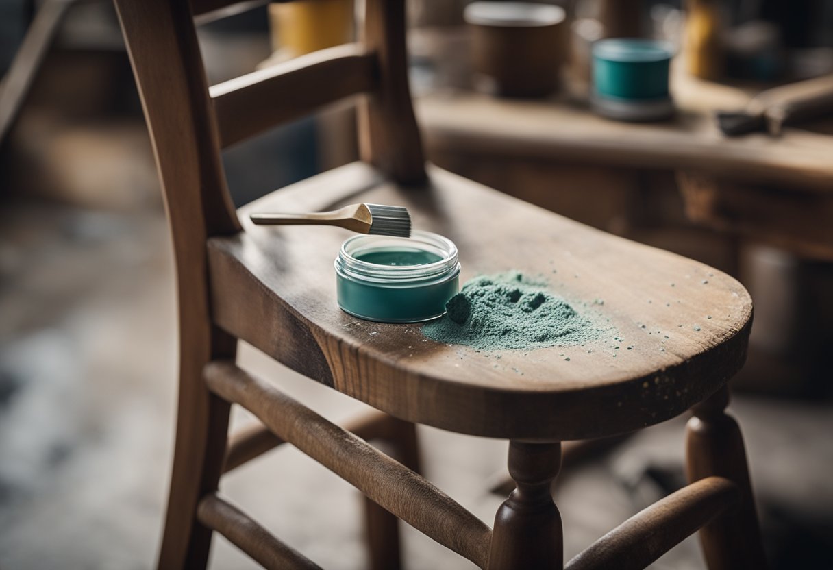An old wooden chair being transformed with a coat of chalk paint, surrounded by paintbrushes, sandpaper, and other DIY tools on a workbench