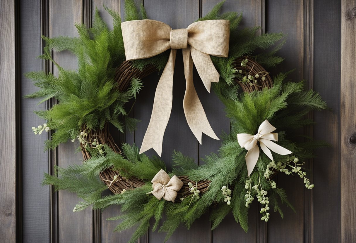 A rustic burlap wreath hangs on a weathered wooden door, adorned with faux greenery and a simple bow, evoking farmhouse charm