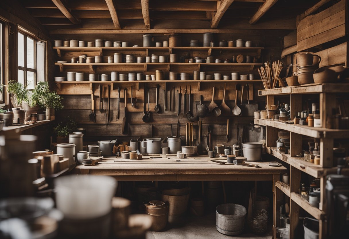 A cozy farmhouse workshop with wooden pallets, paint, and brushes scattered around. A sign half-painted with rustic lettering sits on a workbench