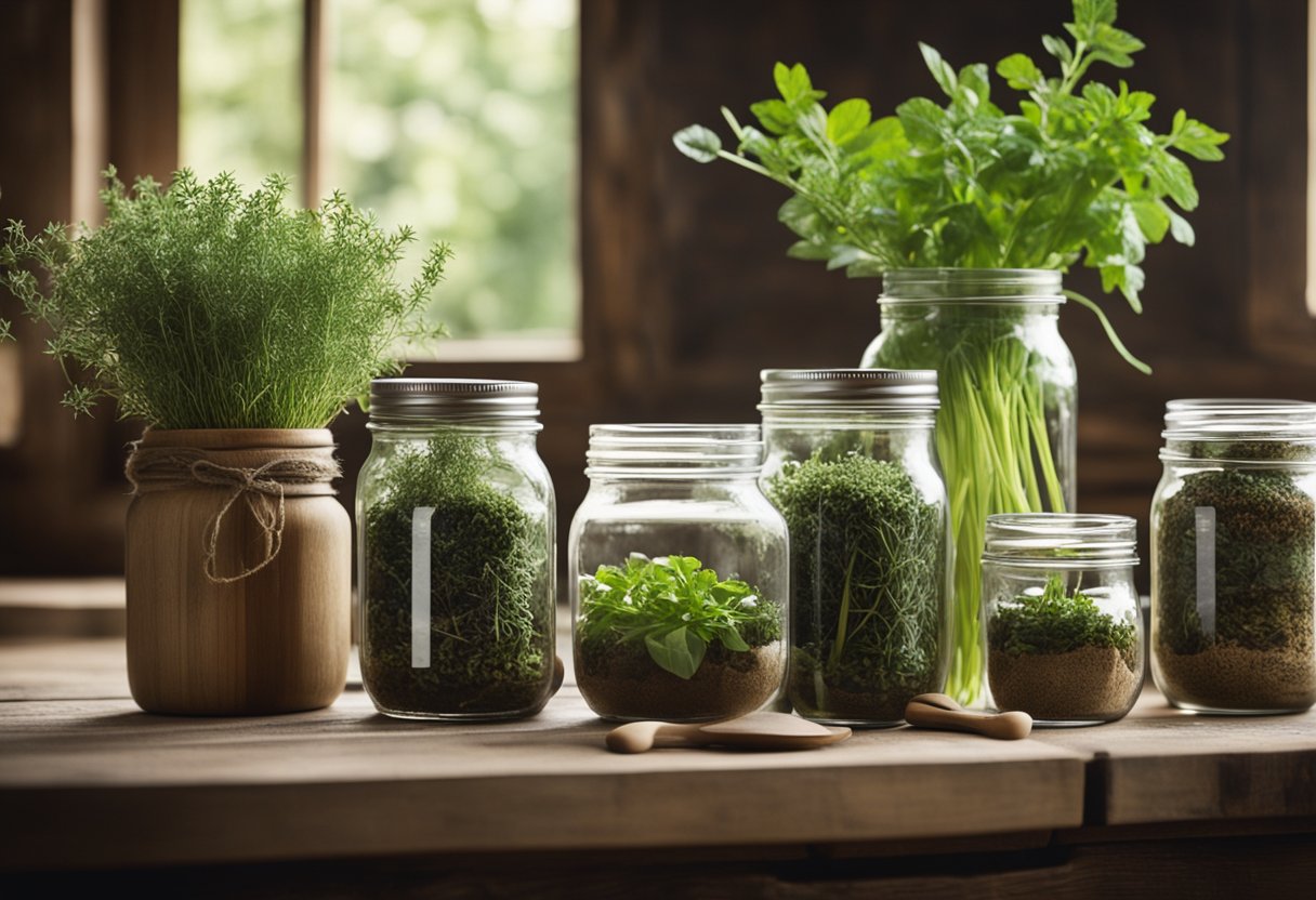 A rustic farmhouse kitchen counter with mason jars filled with herbs, surrounded by gardening tools and a wooden sign