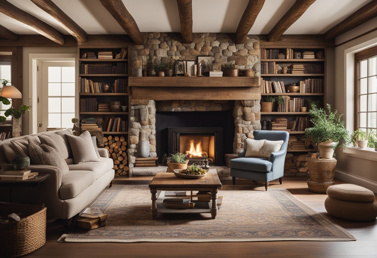 A rustic farmhouse living room with a large stone fireplace, cozy oversized armchairs, a vintage area rug, and shelves filled with books and decorative items
