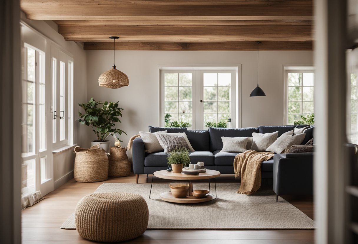 A cozy farmhouse living room with exposed wooden ceiling beams exudes warmth and character, inviting relaxation and comfort