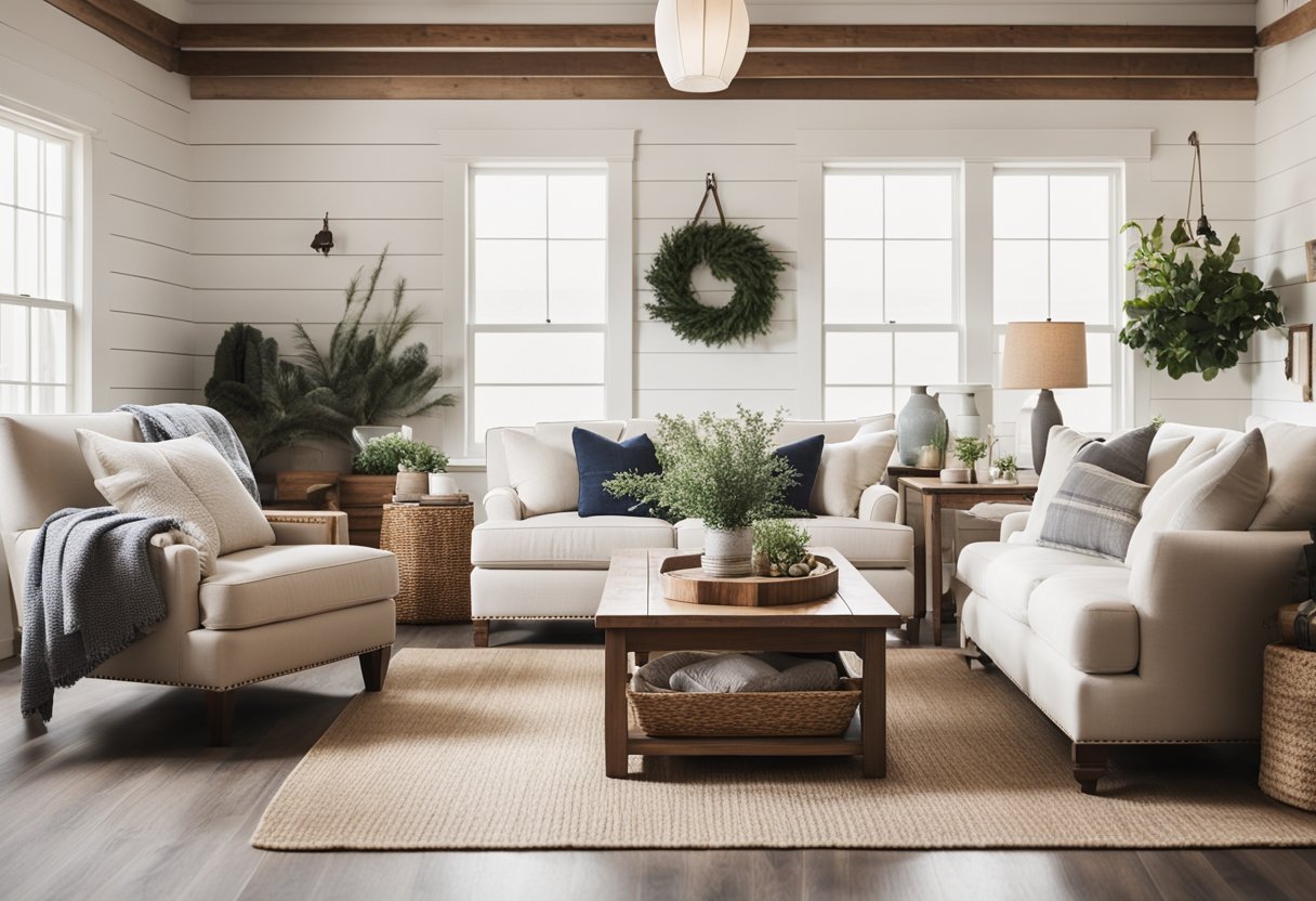 A cozy farmhouse living room with shiplap walls, rustic wooden furniture, a neutral color palette, and soft, textured textiles