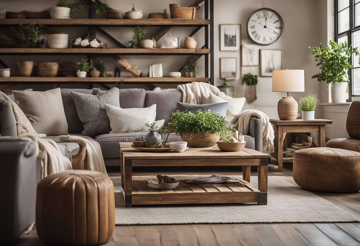 A cozy farmhouse living room with distressed wood furniture mixed with modern pieces, creating a fresh and inviting atmosphere