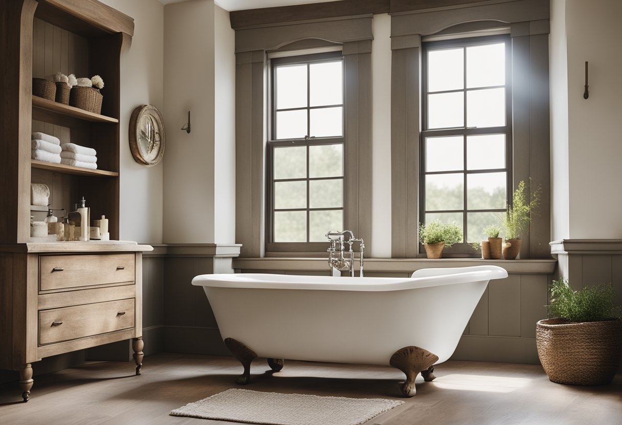 A farmhouse bathroom with rustic wooden accents, a vintage clawfoot tub, and a weathered vanity. A large window lets in natural light, and a neutral color palette creates a calming atmosphere