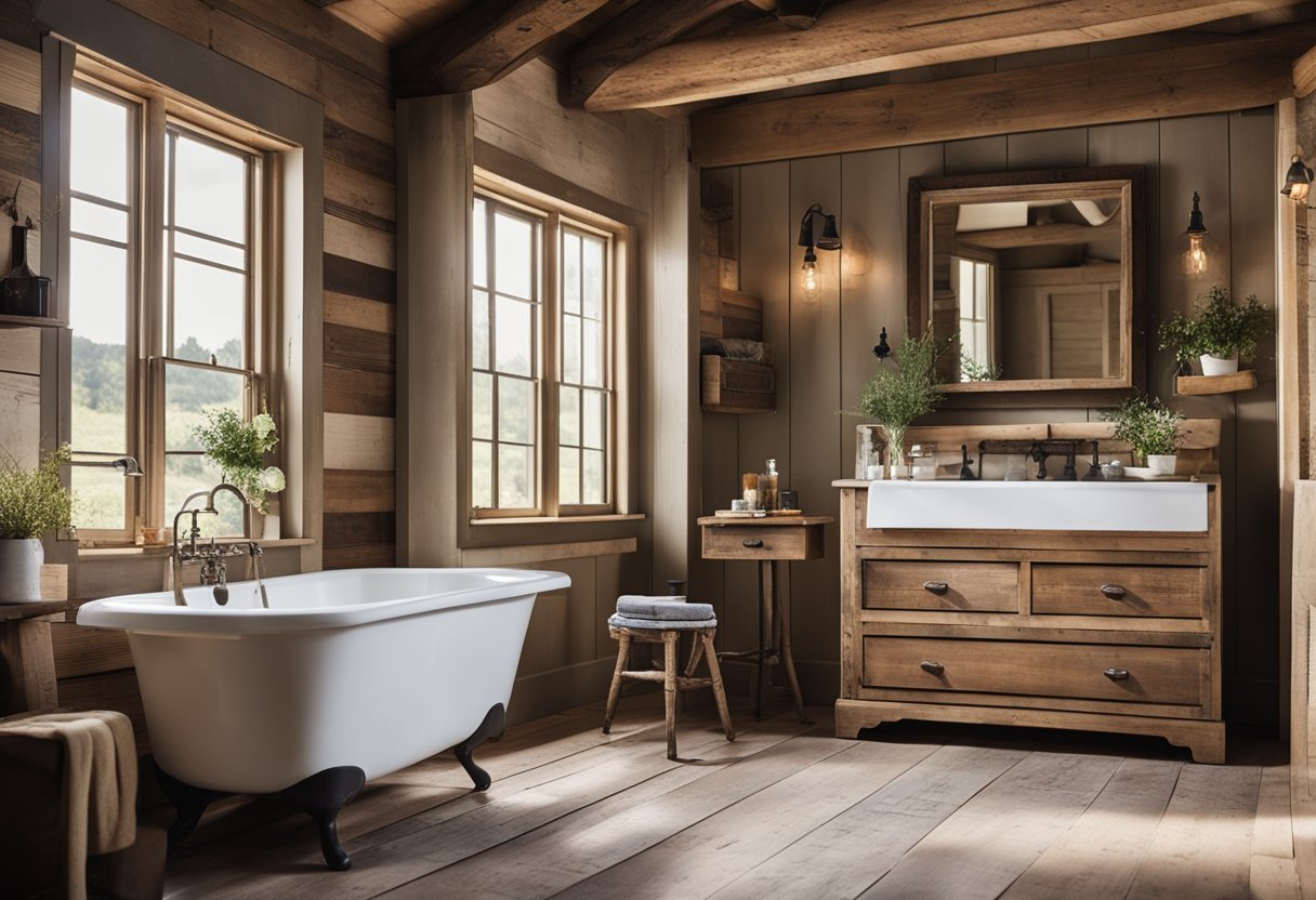 A rustic farmhouse bathroom with vintage fixtures and reclaimed wood accents. A clawfoot tub sits beneath a window, surrounded by shiplap walls and a distressed vanity