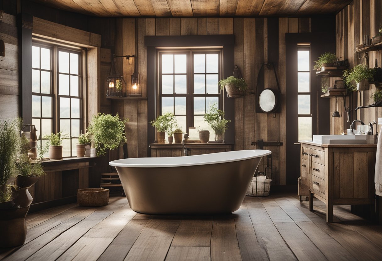 A rustic farmhouse bathroom with weathered wood, vintage fixtures, and distressed metal accents, all on a budget