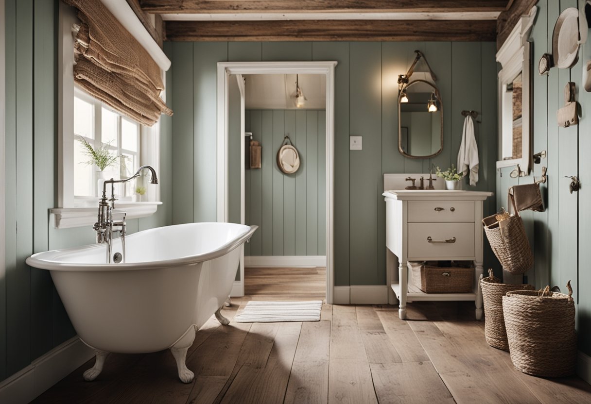 A rustic farmhouse bathroom with painted walls, distressed wood floors, and vintage fixtures