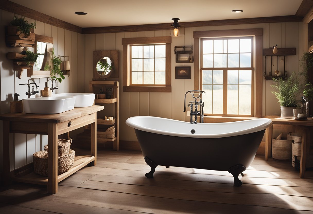 A cozy farmhouse bathroom with warm lighting, rustic wooden accents, and vintage fixtures. A clawfoot tub sits beneath a window, surrounded by shiplap walls and earthy tones