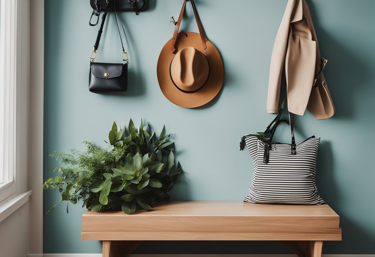 A cluttered entryway transformed with fresh paint, a stylish bench, and decorative wall hooks