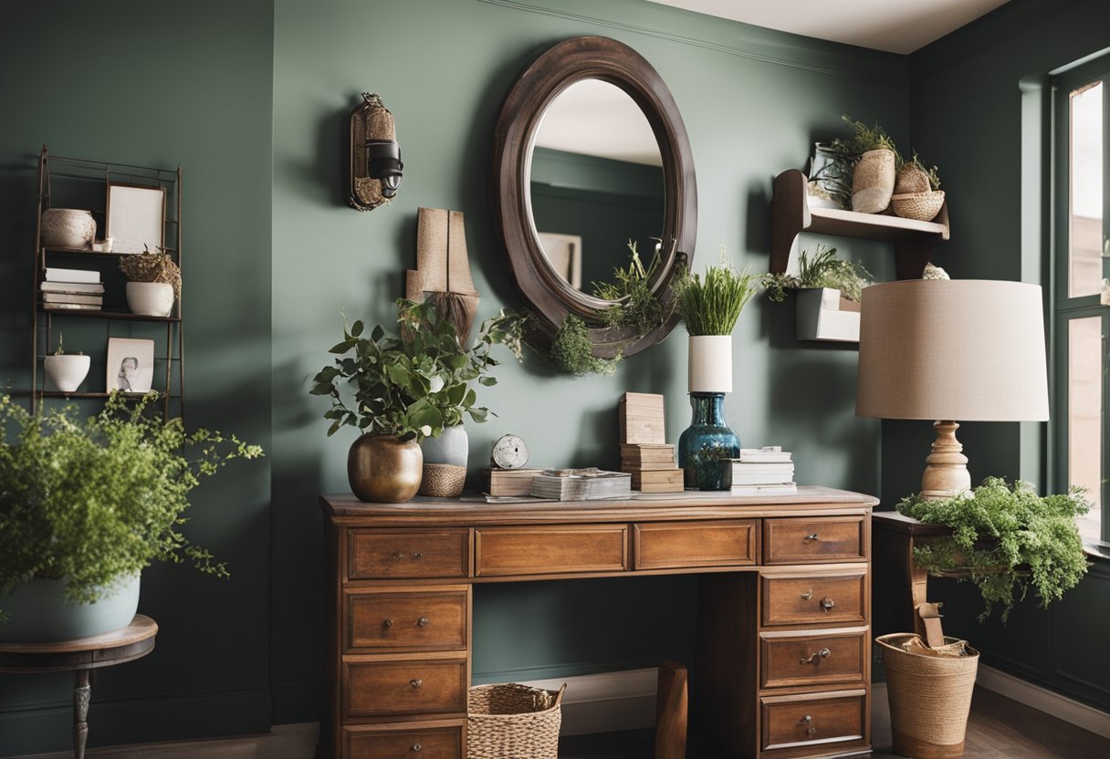A cluttered entryway with old furniture and peeling paint, transformed into a stylish and organized space with fresh paint, a decorative mirror, and a sleek entryway table