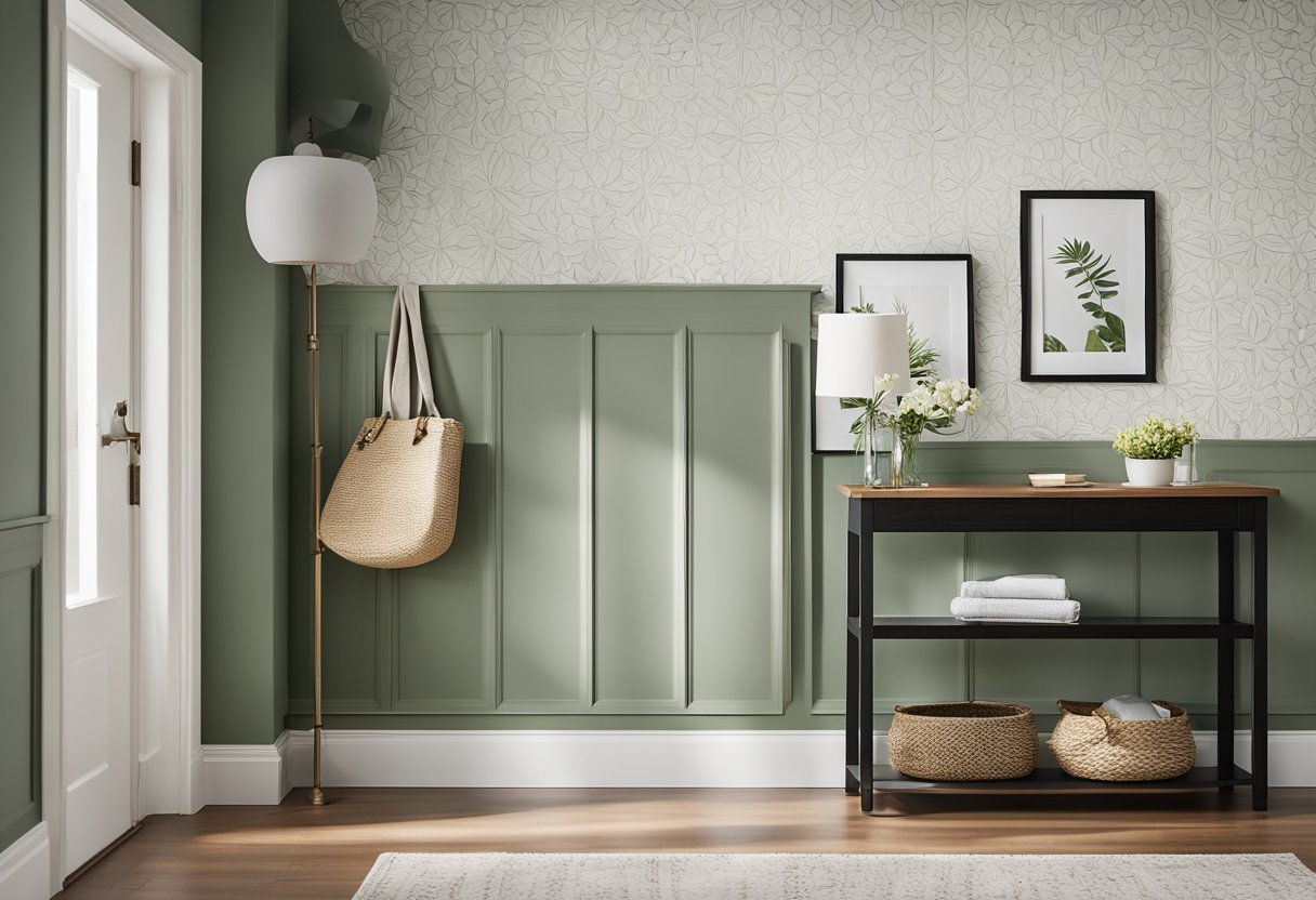 A bright and welcoming entryway with freshly painted walls, adorned with stylish wallpaper or decorative wainscoting. A neatly organized coat rack and a sleek console table complete the transformation