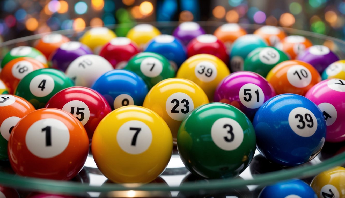 Sekumpulan bola lotere berwarna-warni berputar di dalam ruang kaca, dengan angka berkisar dari 1 hingga 49