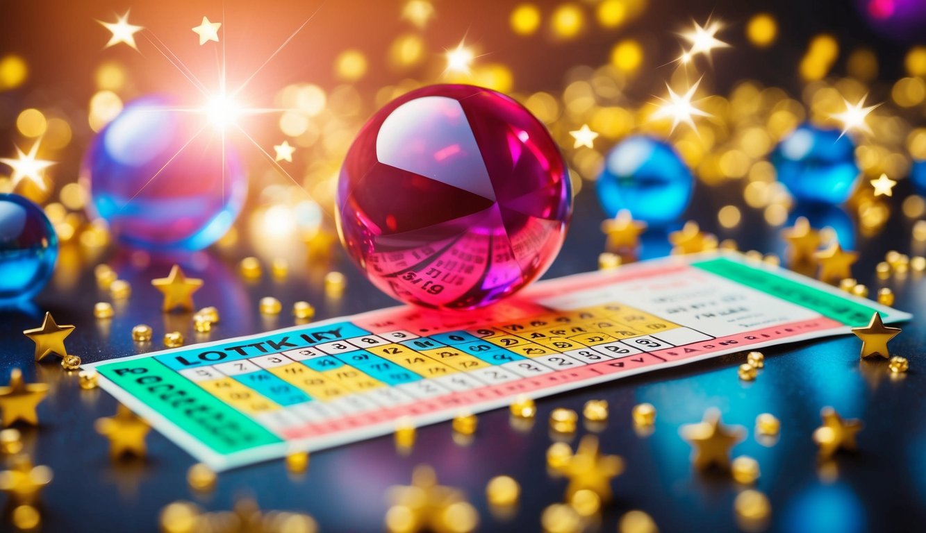 Sebuah tiket lotre berwarna-warni dikelilingi oleh bintang-bintang yang bersinar dan bola kristal yang bercahaya