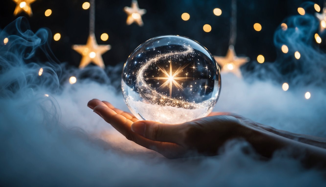 Sebuah bola kristal bercahaya dikelilingi oleh kabut yang berputar dan bintang-bintang yang berkilau dalam suasana mistis dan memikat
