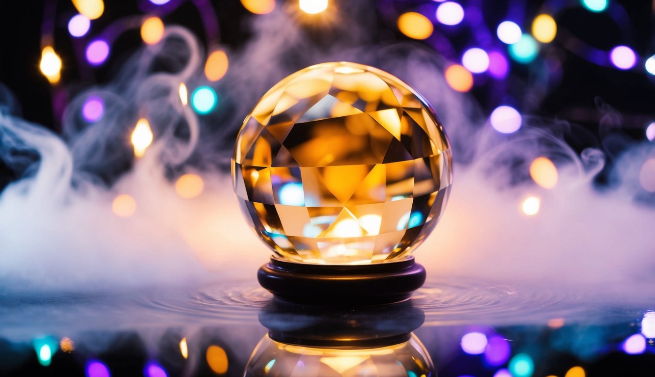 Sebuah bola kristal yang bersinar dikelilingi oleh kabut yang berputar dan cahaya berwarna-warni
