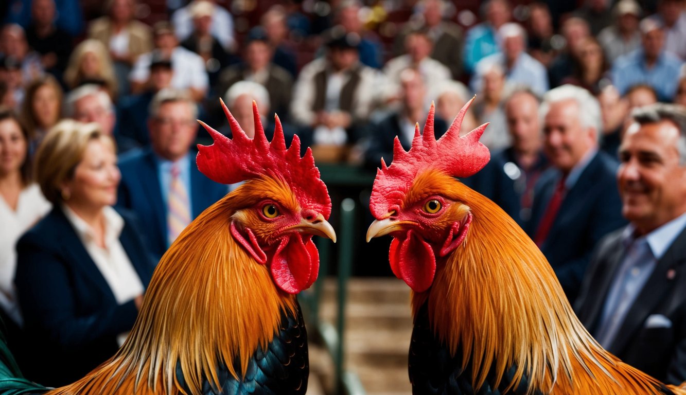 Dua ayam jantan yang saling berhadapan di arena yang ramai, dikelilingi oleh penonton yang antusias