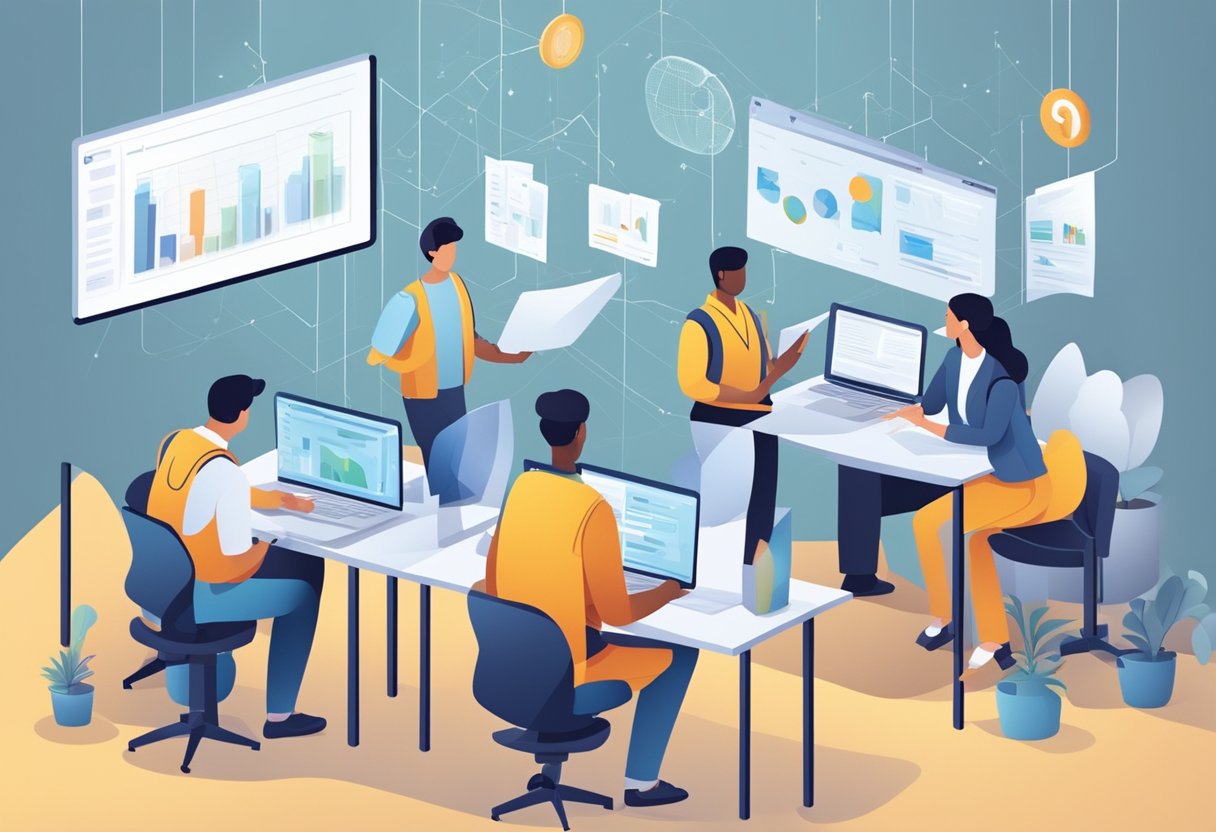 A group of workers in various roles collaborating and communicating effectively, with AI tools seamlessly streamlining their tasks and processes