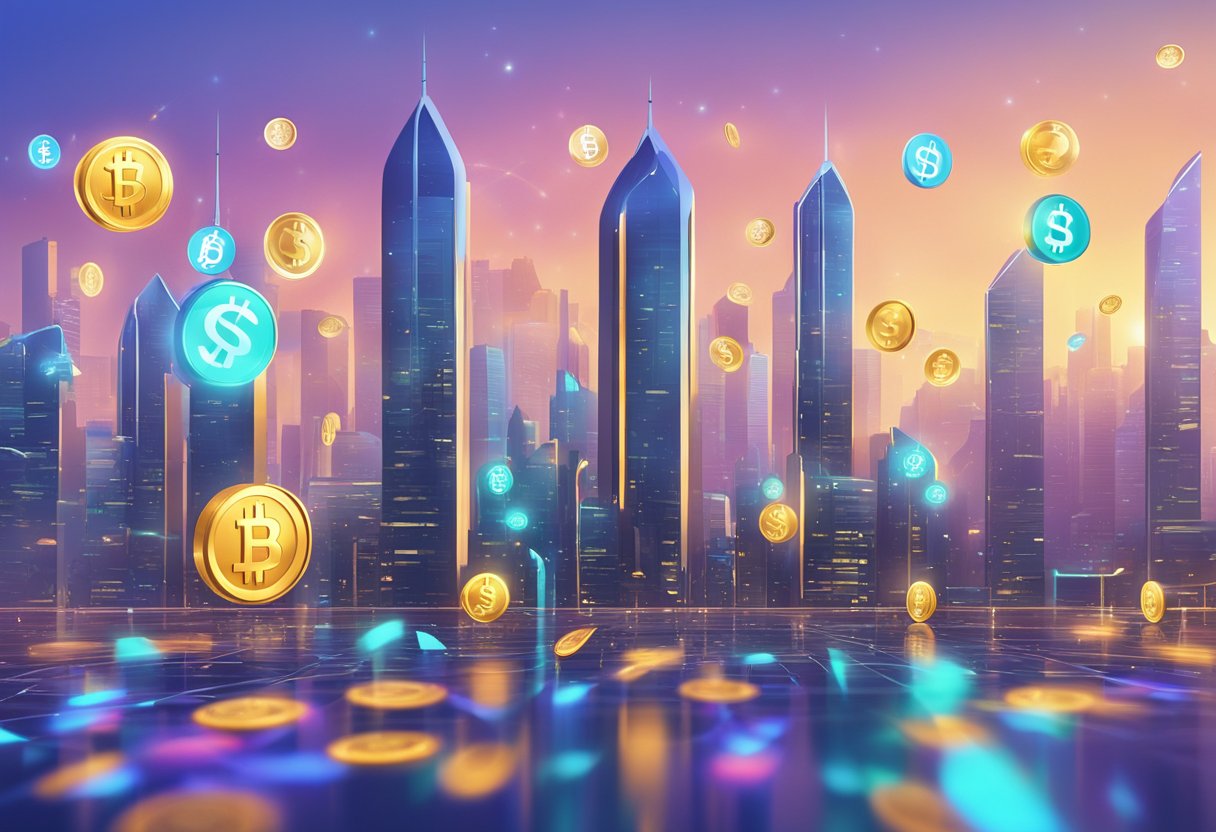 A futuristic city skyline with digital currency symbols floating above buildings