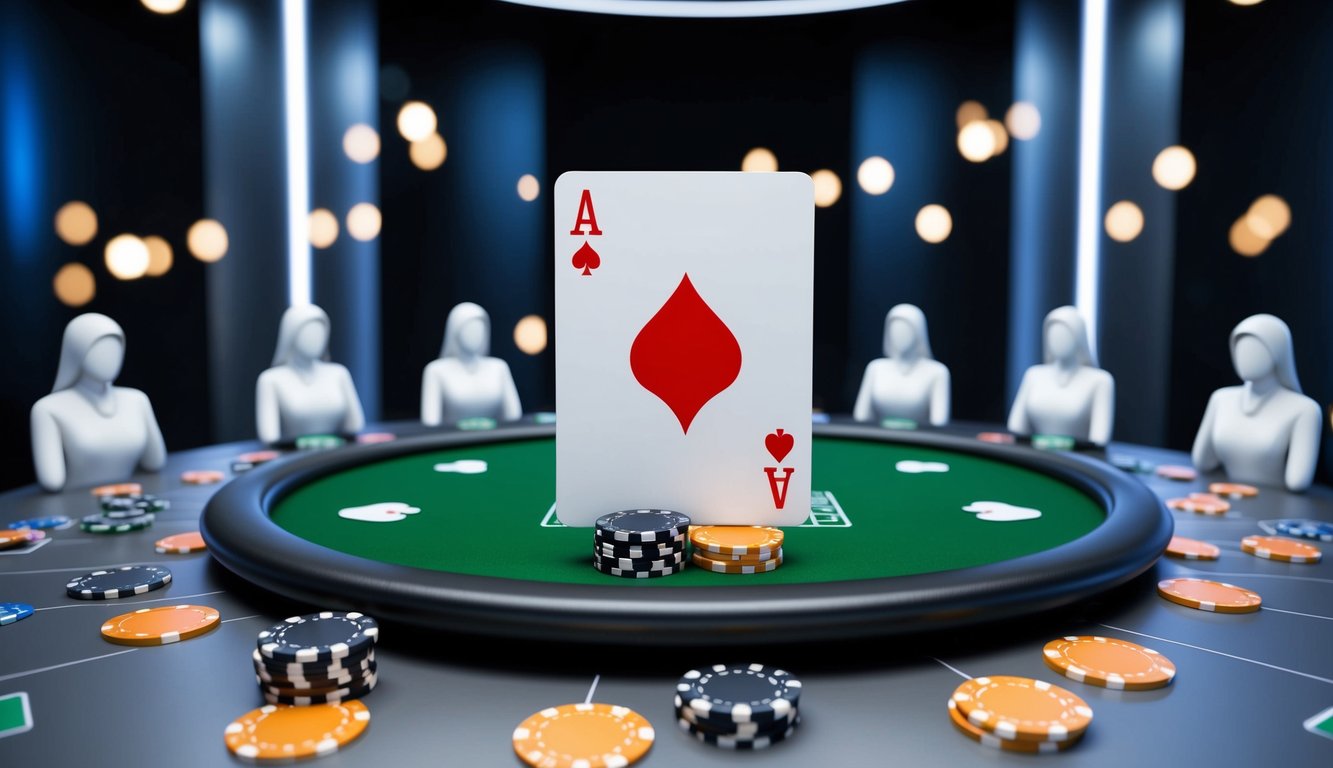 Sebuah meja poker virtual dengan chip dan kartu, dikelilingi oleh avatar digital pemain, dengan latar belakang yang ramping dan modern