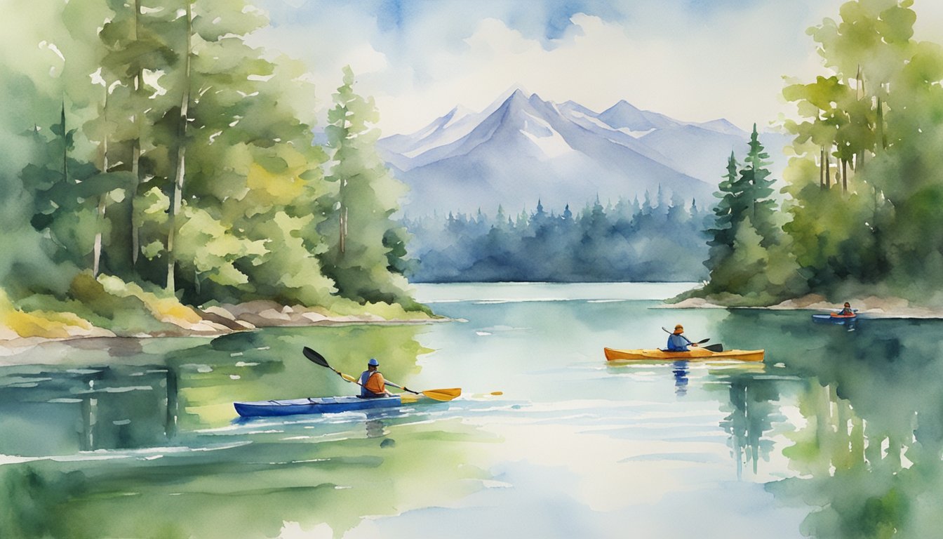 A group of kayakers paddling through a serene lake surrounded by lush green forests and distant mountains under a clear blue sky