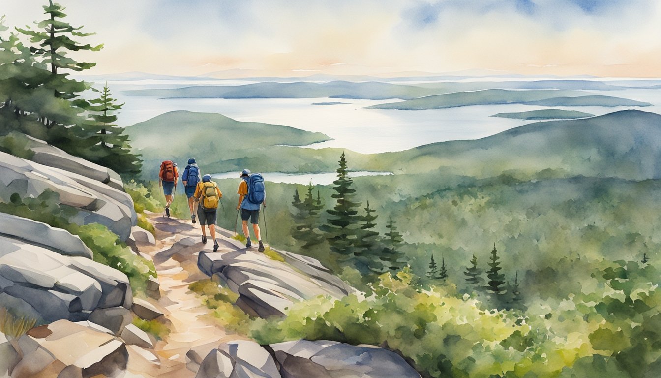 A group of hikers ascend Cadillac Mountain, surrounded by lush greenery and rocky terrain, with a panoramic view of Acadia National Park below