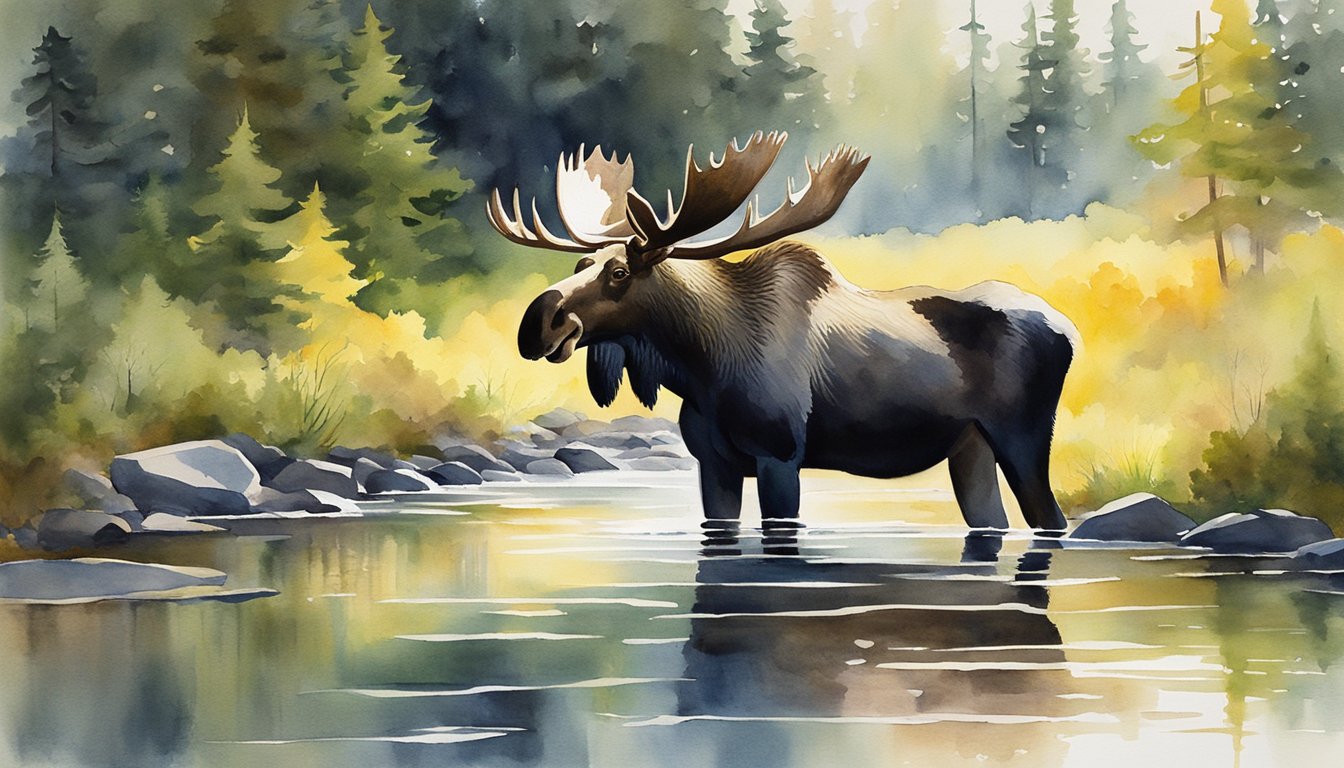 A moose stands in a lush forest clearing, surrounded by towering trees and a tranquil stream. The sun casts a warm glow on the scene, highlighting the natural beauty of the Maine Highlands