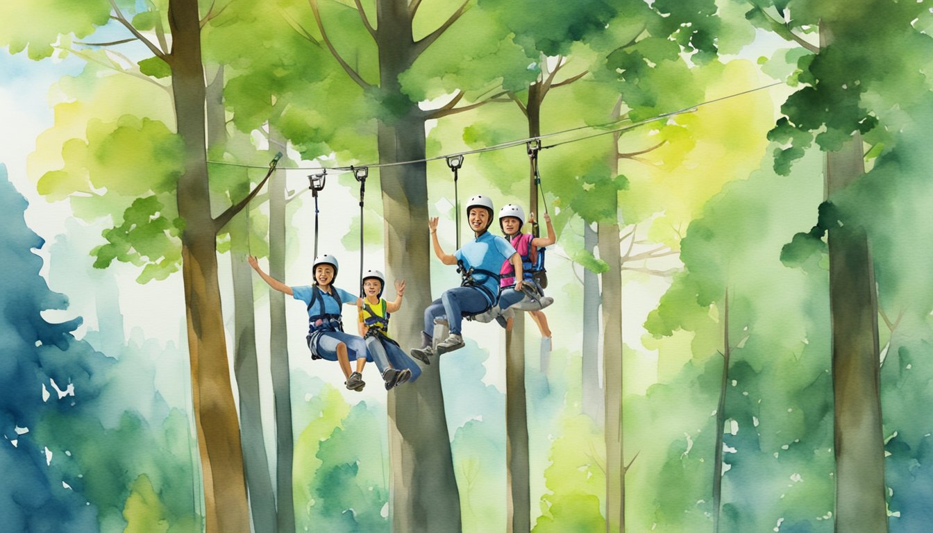 A family zips through the forest on a high-speed zip line, surrounded by lush green trees and clear blue skies. The aerial adventure challenge course winds through the treetops, providing an exciting and thrilling experience for all