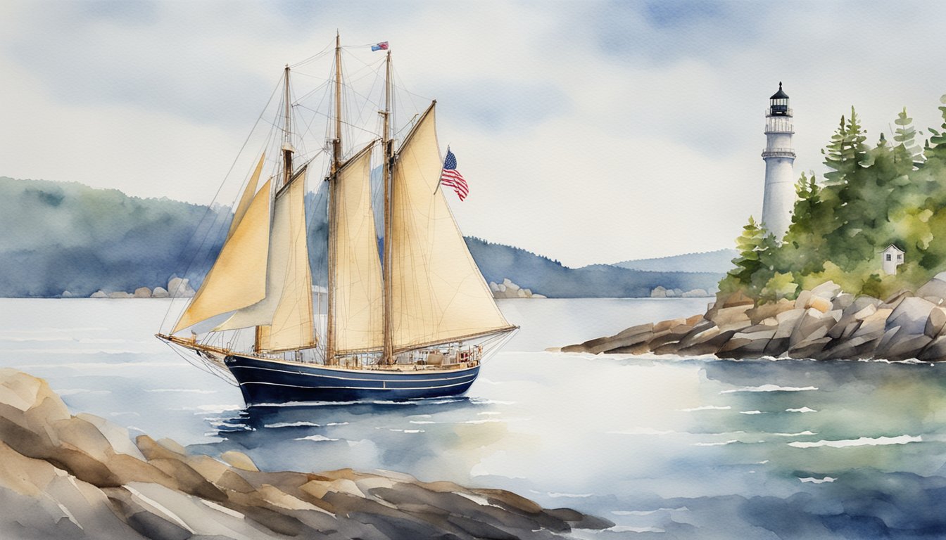 A historic schooner sails from Camden Harbor, Maine, with rugged coastline and lighthouses in the background