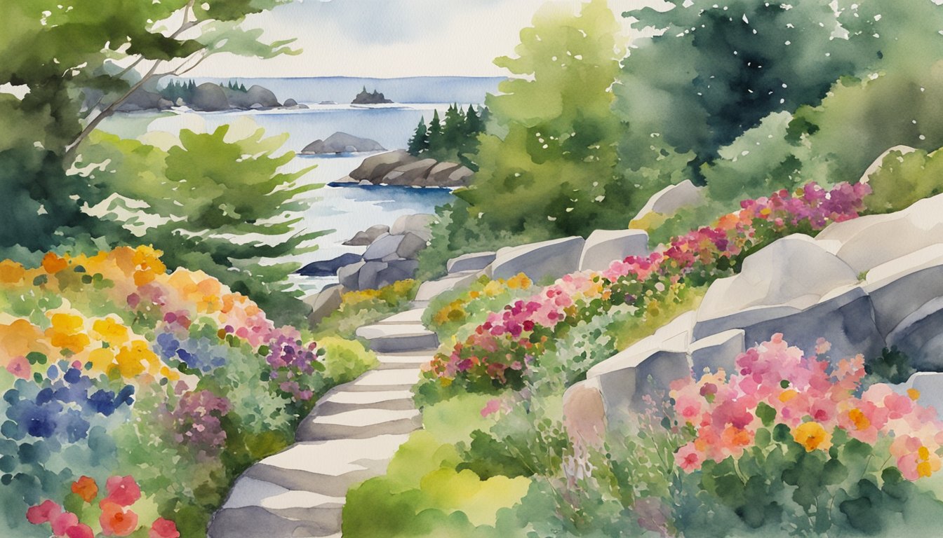 A rocky coastline with lush greenery and colorful flowers at the Coastal Maine Botanical Gardens, with a winding path leading through the vibrant landscape