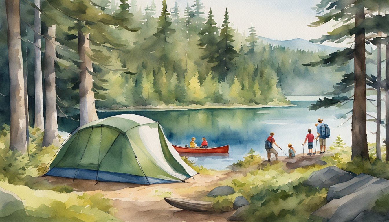 A family sets up a tent in a lush Maine forest, surrounded by towering pine trees and a glistening lake. Canoes and hiking gear are scattered around, ready for their summer adventure