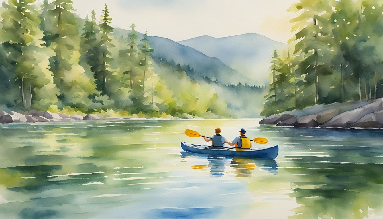 A family kayaking down a tranquil river, surrounded by lush green trees and mountains in the distance. The sun is shining, and the water sparkles as they paddle, enjoying the beauty of the Maine wilderness