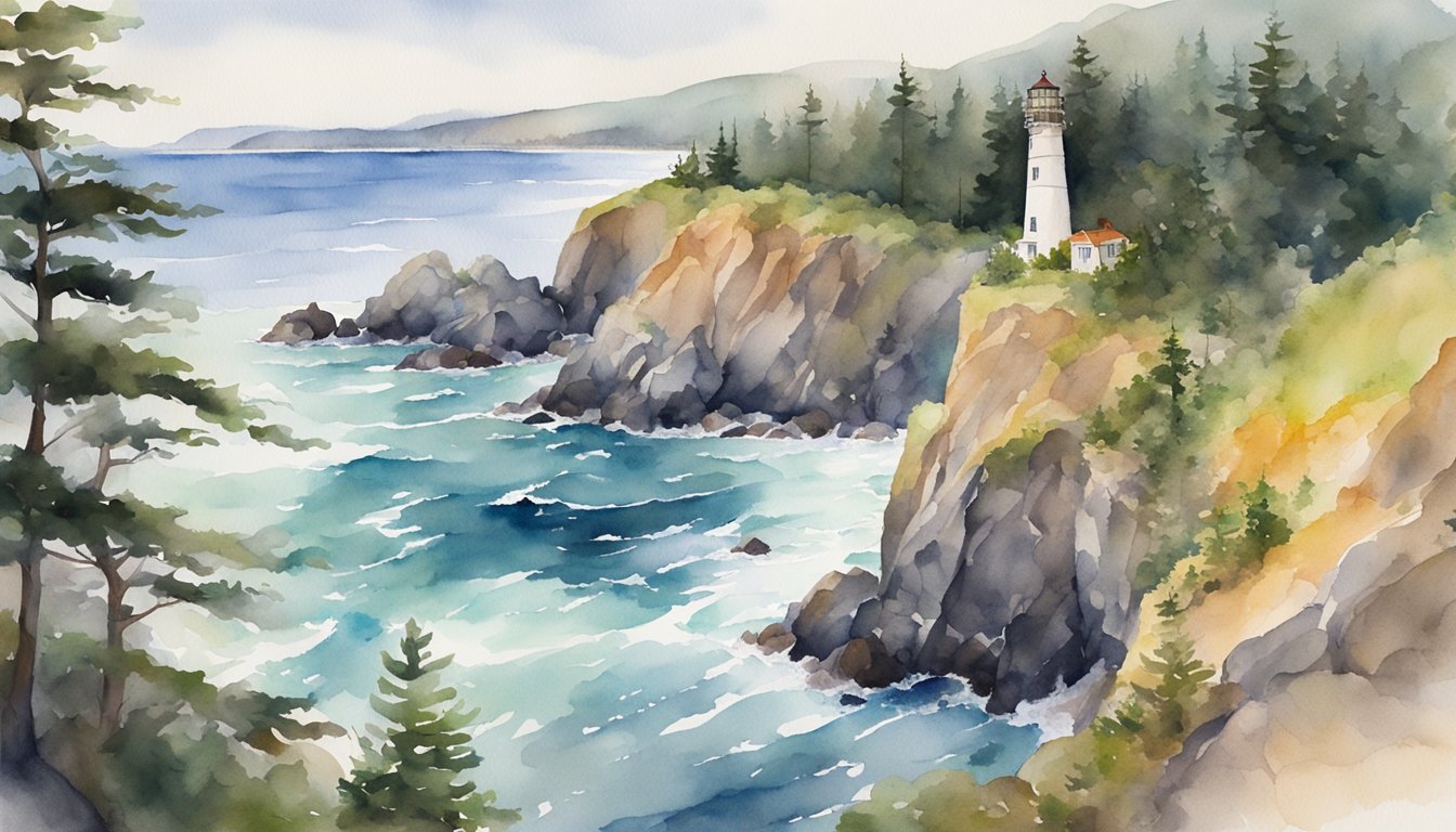 A rugged coastline with crashing waves, a lighthouse perched on a rocky cliff, and a family hiking along a winding trail through a lush forest