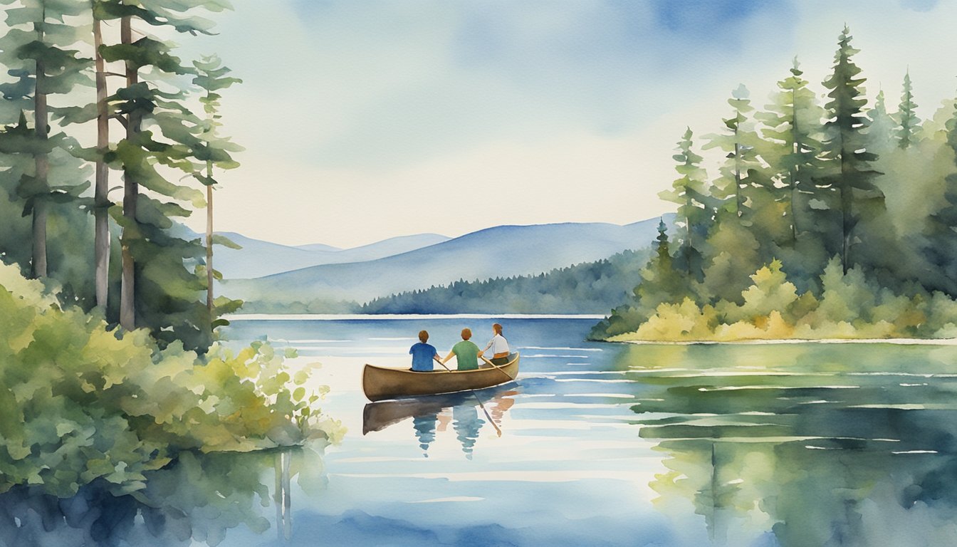 A family paddles a canoe through a serene Maine lake, surrounded by lush green forests and distant mountains under a clear blue sky