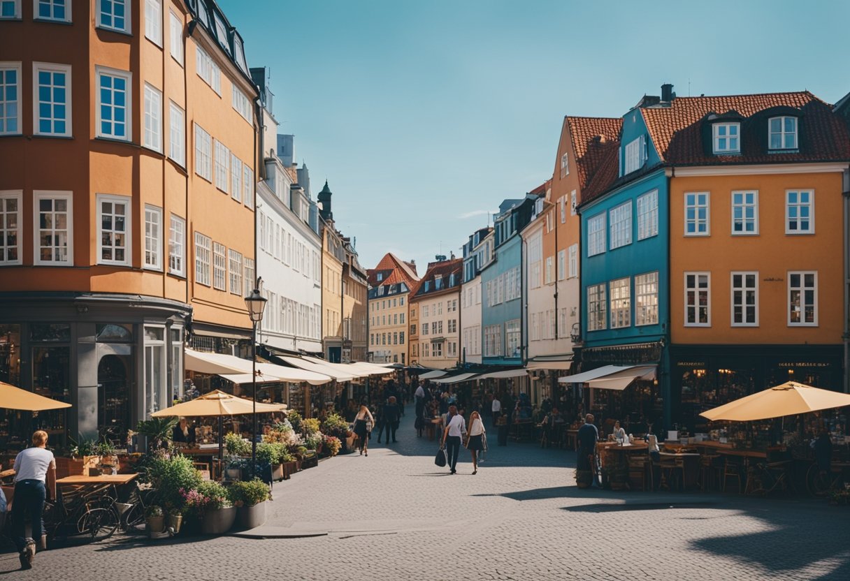 A bustling street in Copenhagen lined with colorful buildings, outdoor cafes, and unique shops, with locals and tourists exploring the cultural hotspots and vibrant neighborhoods