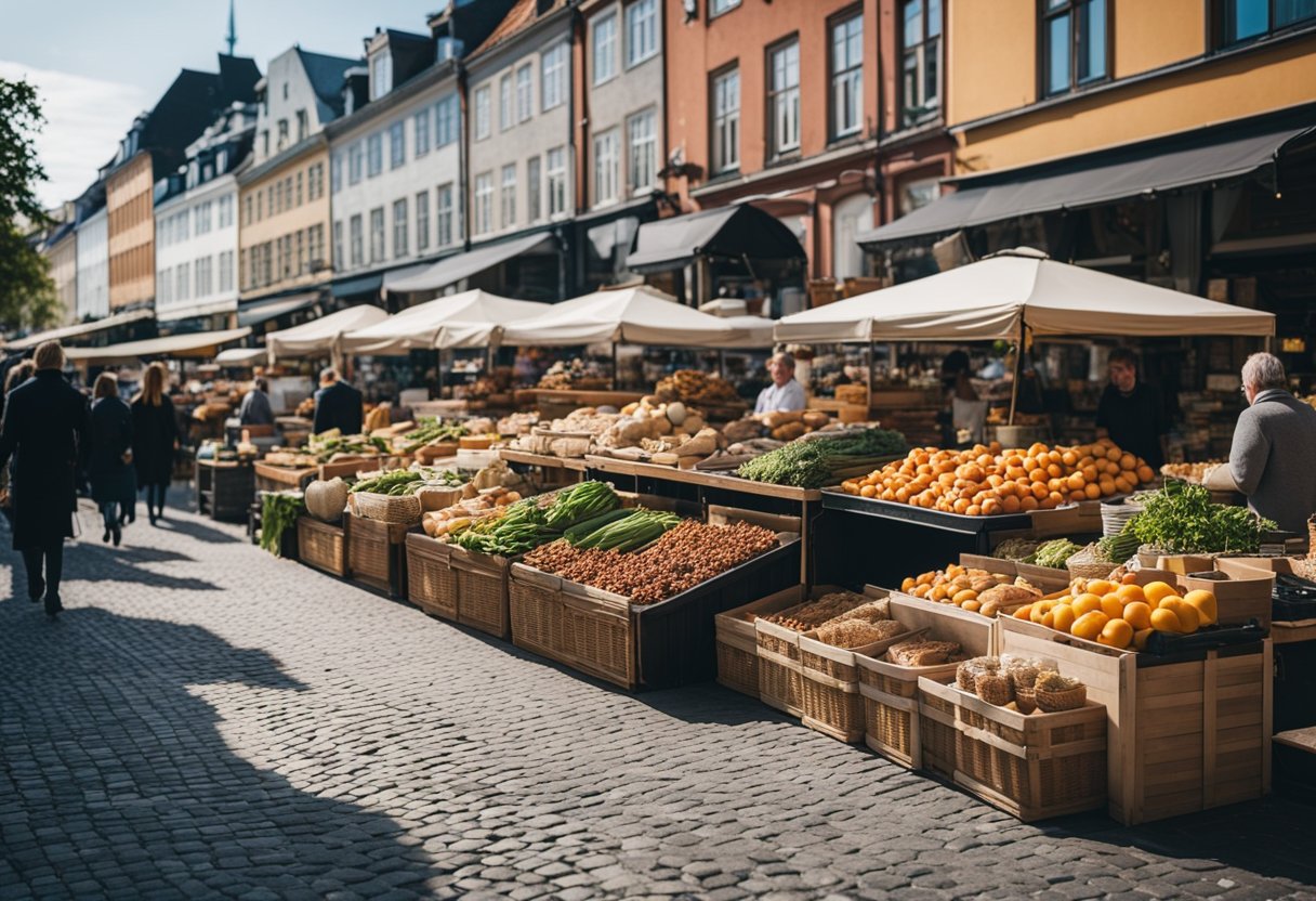 A bustling food market with colorful stalls, modern Scandinavian design shops, and trendy boutiques lining the cobblestone streets of Copenhagen
