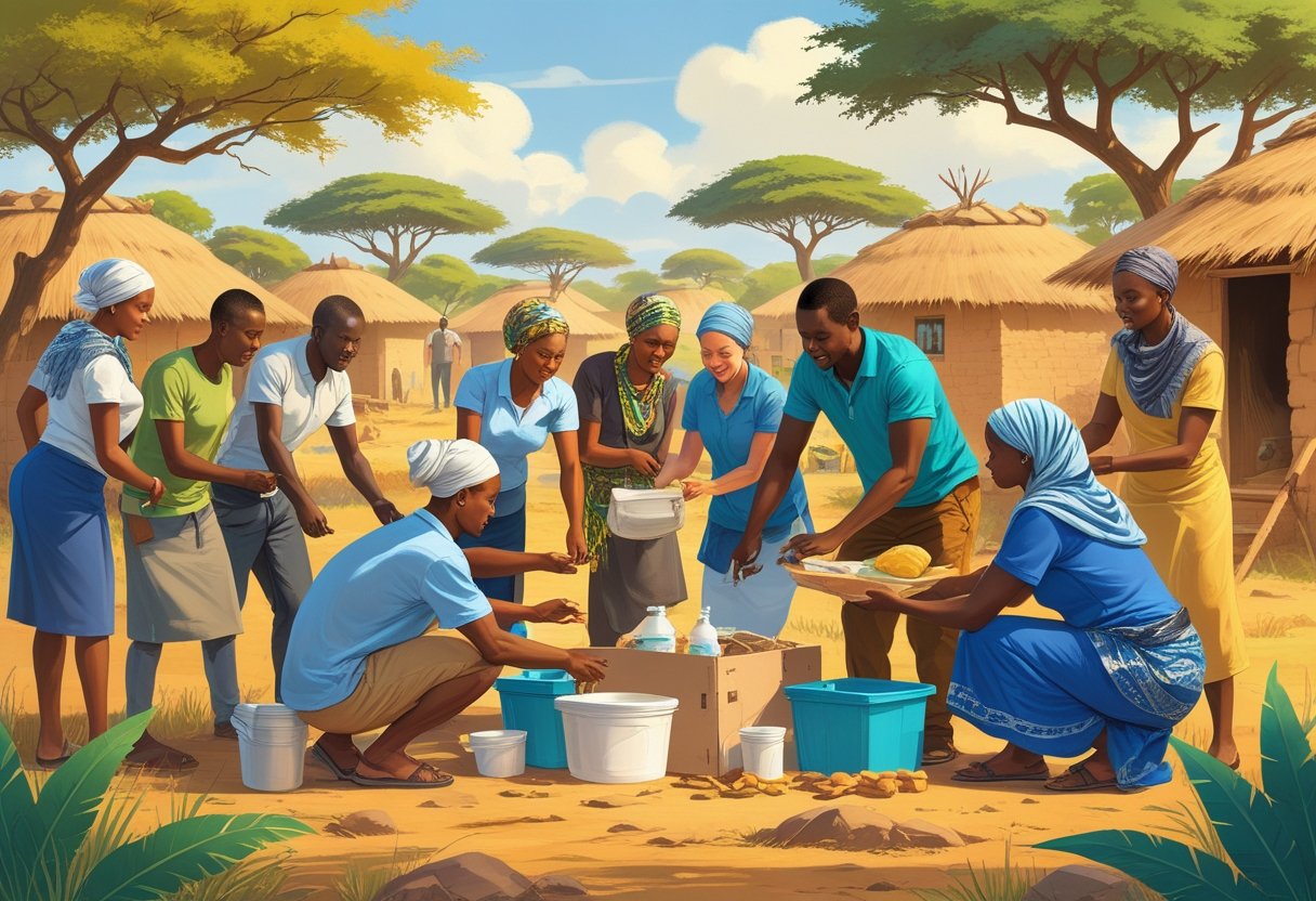 Un groupe de personnes travaillant ensemble dans un village africain, construisant des abris et distribuant de la nourriture et de l'eau.