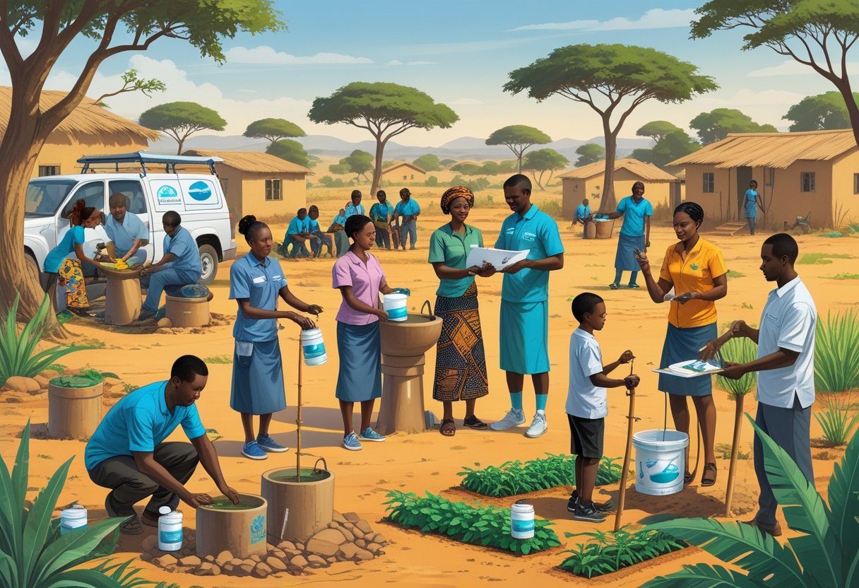 Des personnes travaillant ensemble dans un village africain pour des projets humanitaires, incluant construction d'un puits, soins médicaux et éducation des enfants.