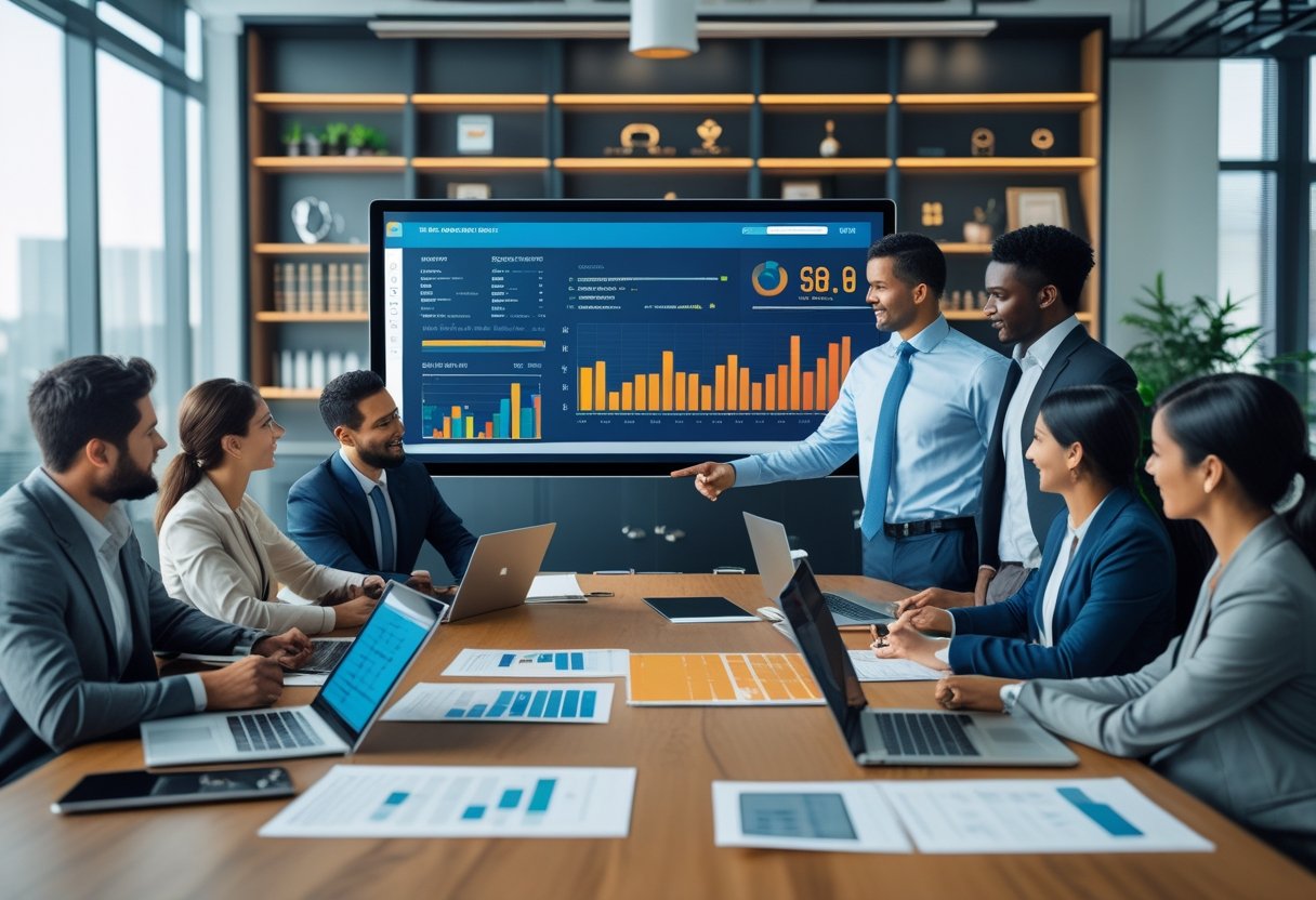 B2B SEO Strategy: How to Rank in a Low-Volume, High-Value Market Efficiently 1 A group of business professionals collaborating around a conference table with laptops and charts, reviewing SEO analytics on a large screen in a bright office.