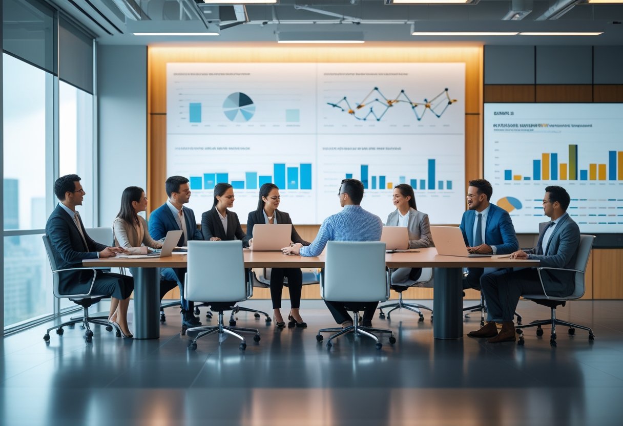 B2B SEO Strategy: How to Rank in a Low-Volume, High-Value Market Efficiently 2 Business professionals collaborating around a conference table with laptops and digital charts in a modern office.