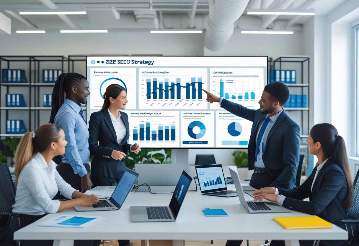 B2B SEO Strategy: How to Rank in a Low-Volume, High-Value Market Efficiently 3 A group of business professionals collaborating around a table with laptops and charts, analyzing data on a digital screen in an office.