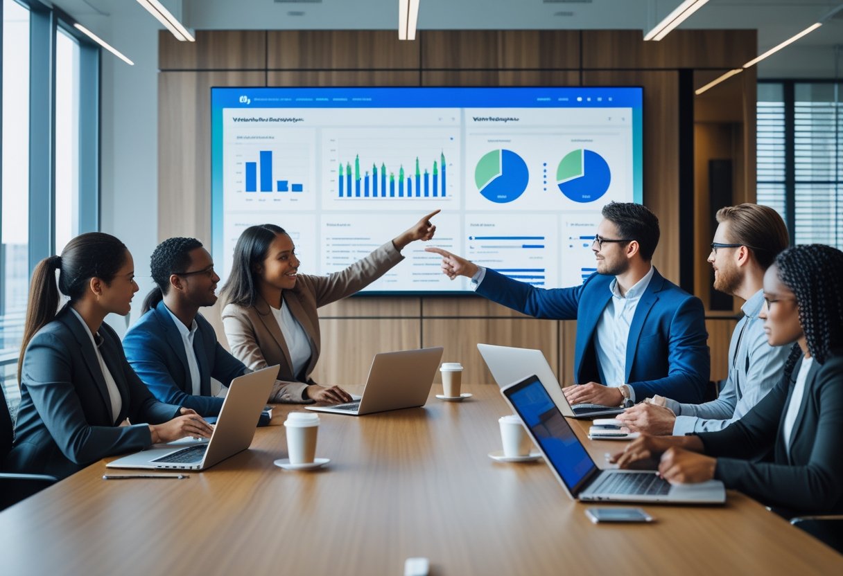 How We Vet High-Authority Sites Before Pitching Links: Essential Criteria and Best Practices 1 A group of business professionals in a conference room reviewing website analytics on a large screen during a meeting.