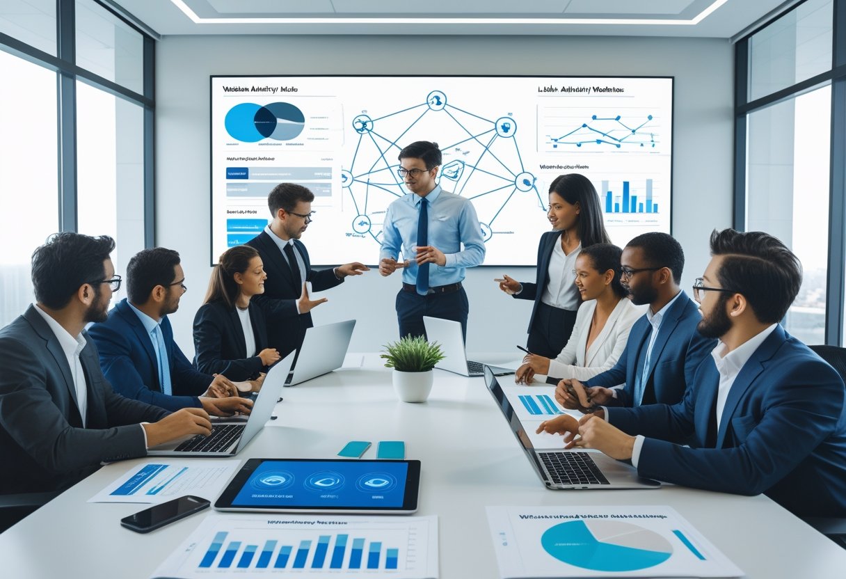 How We Vet High-Authority Sites Before Pitching Links: Essential Criteria and Best Practices 2 A group of professionals collaborating around a conference table with laptops and documents, discussing data on a large screen in a modern office.