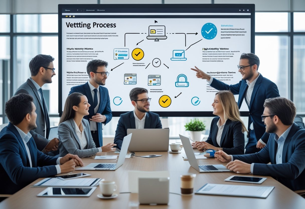 How We Vet High-Authority Sites Before Pitching Links: Essential Criteria and Best Practices 3 A group of professionals in a meeting room reviewing a flowchart on a screen that illustrates a website vetting process.